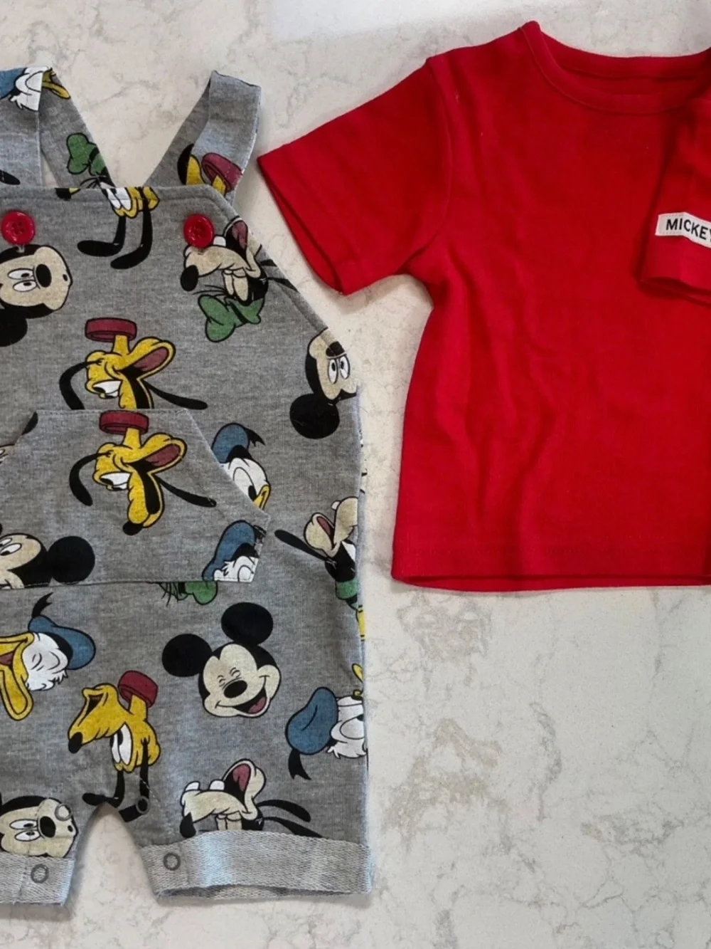 Disney Mickey 3 Piece Romper Red Tee 3-6 Mo Baby Gray Multi Booties Shoes Outfit